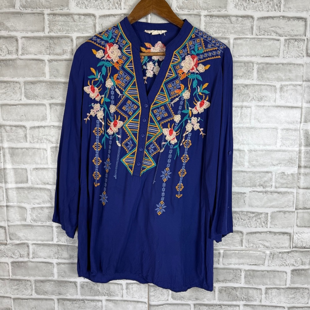 Anthropologie Luna Moon Royal Blue Embroidered V-neck Tunic Top Womens SMALL